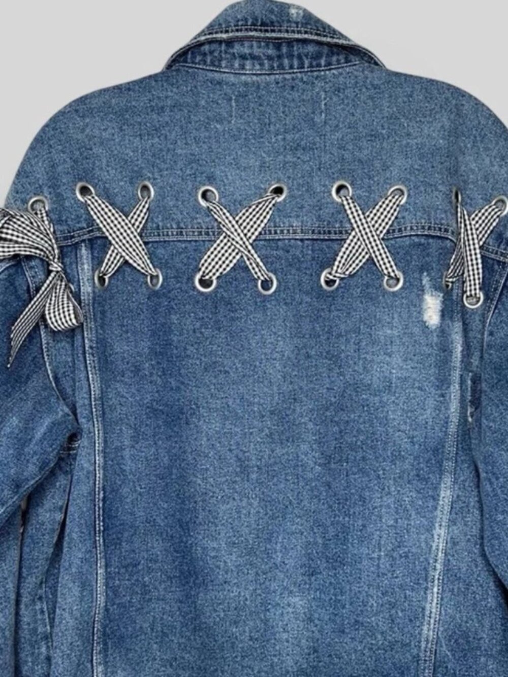 Zara Distressed Ribbon Jean Jacket Sz Small Denim Boho Western Edgy Soft-Grunge - Picture 10 of 10